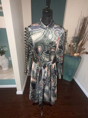 CQ by CQ Multicolor Patterned Long Sleeve Coat Dress with Tie Waist